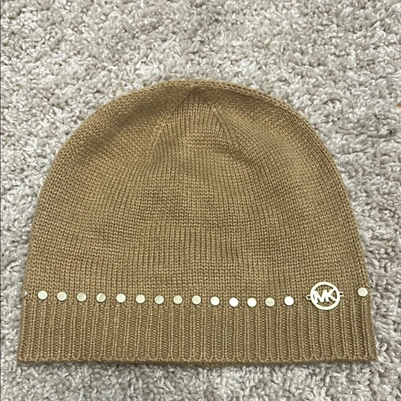 Michael Kors Brown Knit Beanie with Logo Michael Kors Knit Logo MK Hat Tan Creme New NWOT stretchy | eBay main image 2
